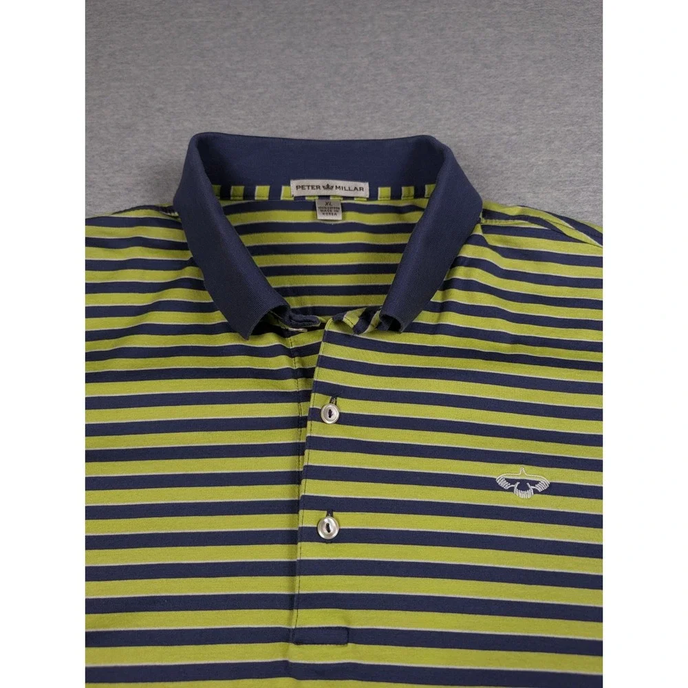 Peter Millar Mens XL Polo Shirt Green Navy Blue Striped Cotton MF16K03